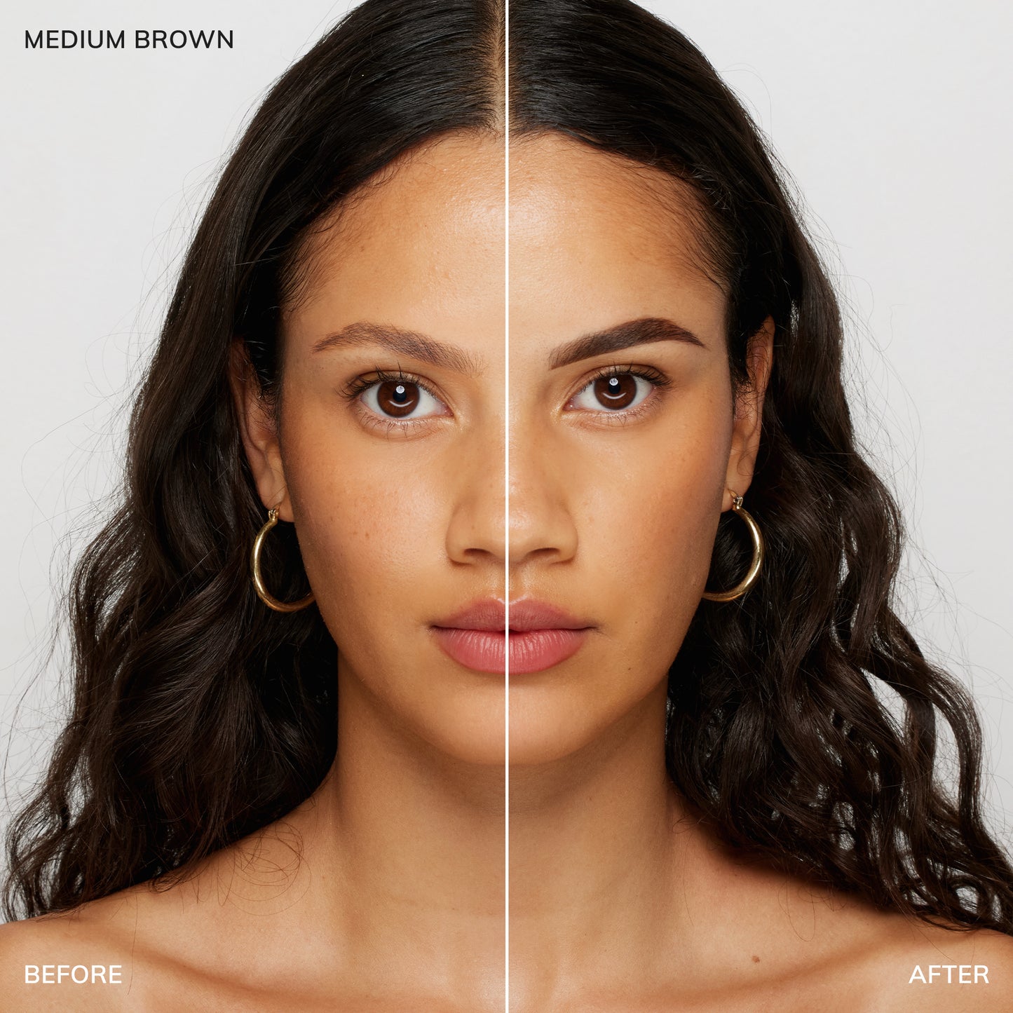 Before and after shot of model wearing colour-medium-brown