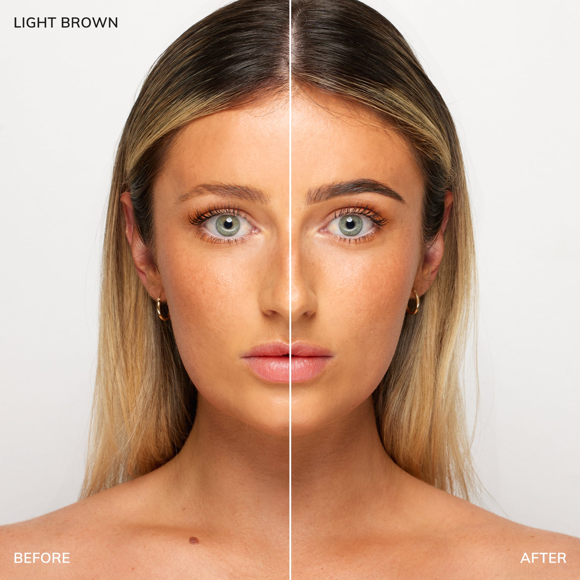 Before and after shot of model wearing colour-light-brown